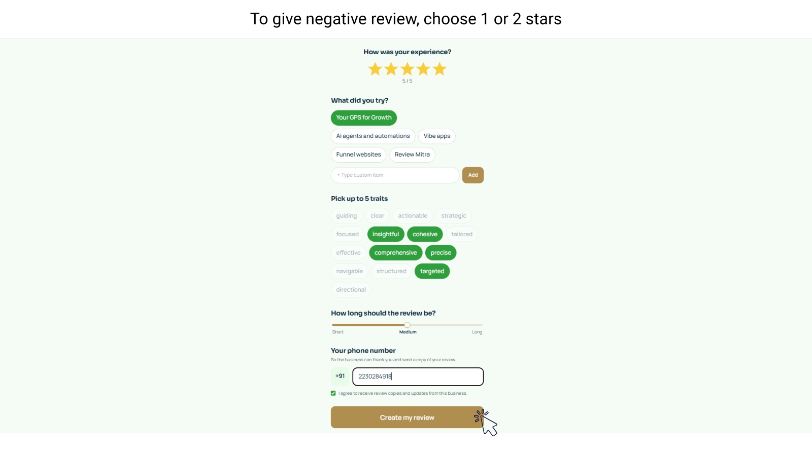 Slide 12: Click on number of stars upto 5 adjectives preferred length of review
