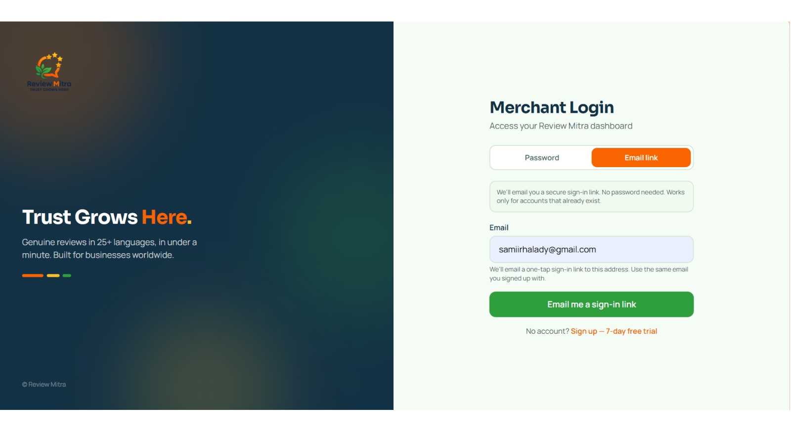 Slide 2: Send magic link button